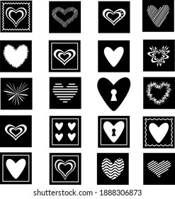 A set of vector hearts of various shapes, decorated in squares.