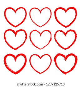 Set of vector heart-shaped frames drawn in red ink on a white background. Romantic frames with rough grunge edges and inky texture for valentine day design, decorations for greeting, wedding cards