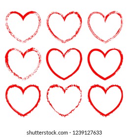 Set of vector heart-shaped frames drawn in red ink on a white background. Romantic frames with jagged grunge edges and inky texture for valentine day design, decorations for greeting, wedding cards