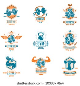 Set of vector heavy load theme symbols and advertising leaflets composed with dumbbells, kettle bells sport equipment and strong man body silhouettes.