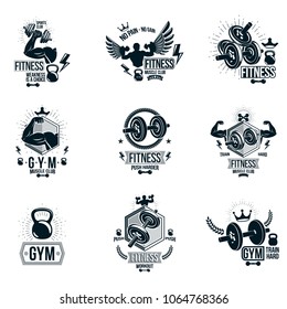 Set of vector heavy load theme symbols and advertising leaflets composed with dumbbells, kettle bells sport equipment and strong man body silhouettes.