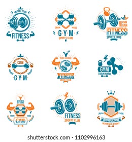Set of vector heavy load theme symbols and advertising leaflets composed with dumbbells, kettle bells sport equipment and strong man body silhouettes.