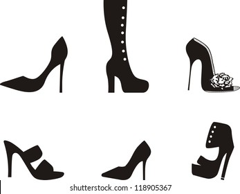Set vector heeled shoes silhouette