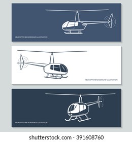 Set of vector helicopter silhouettes, outlines, contours isolated on white and dark backgrounds