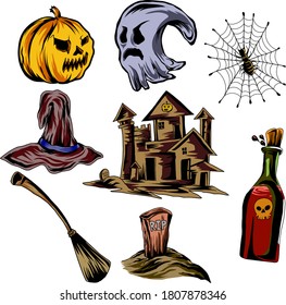 set vector of Helloween icons line art and full color