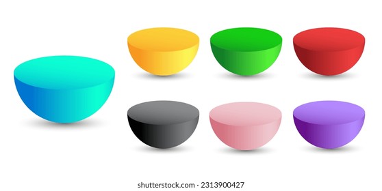 Set of vector hemispheres with gradients and shadow for game, icon, package design, logo, mobile, ui, web, education. 3D hemisphere on white background. Geometric figures for your design.