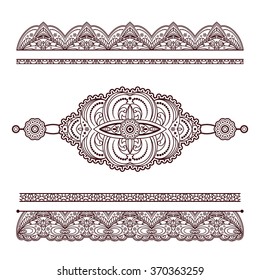 Set of vector henna tattoo ornaments, decorative doodle elements and endless borders in Mehndi style on white