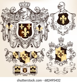 Set of vector heraldic design elements with  coat of arms in vintage style