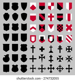 Set of vector heraldic elements - shield's shapes, shield's compositions and crosses. EPS 8, CMYK