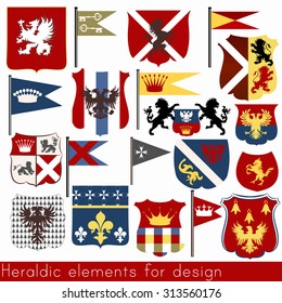 Set of vector heraldic elements shields, flags, crowns and other