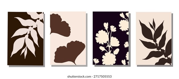 Conjunto de fondos de silueta de hierbas de Vector, rama de café, achicoria, ginkgo. Diseño para el arte de la pared, tarjetas de felicitación, carteles, fondo, paquete y té de hierbas.