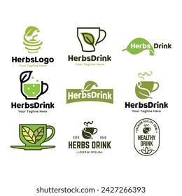 Set of vector herbs drink or Tea logos on a green background