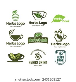 Set of vector herbs drink or Tea logos on a green background
