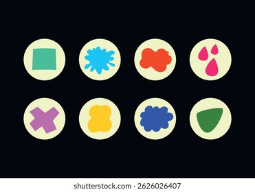 Set of Vector highlight covers. Abstract various shapes, geometric forms, circles, simple objects, doodles. Cartoon style. Hand drawn templates. Round icons for social media stories. For bloggers.