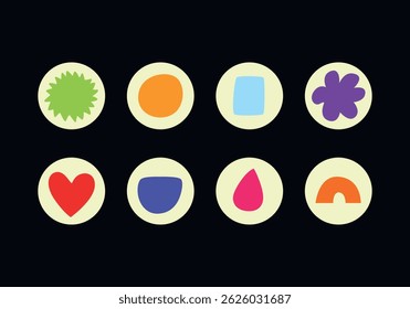 Set of Vector highlight covers. Abstract various shapes, geometric forms, circles, simple objects, doodles. Cartoon style. Hand drawn templates. Round icons for social media stories. For bloggers.