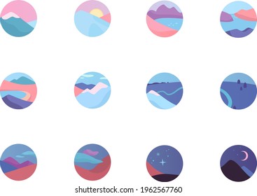 Set of vector highlight covers. Amazing colorful landscapes: mountains, lakes, sunrise. Contemporary gradient, pink, purple, blue colors. Round icons for social media, stories, icon design, logo, blog