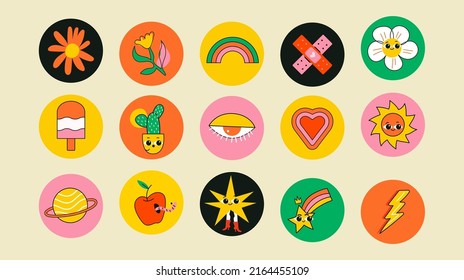 Set of Vector highlight covers. Collection of elements in trendy retro cartoon style. Hand drawn templates. Round icons for social media stories. Perfect for bloggers