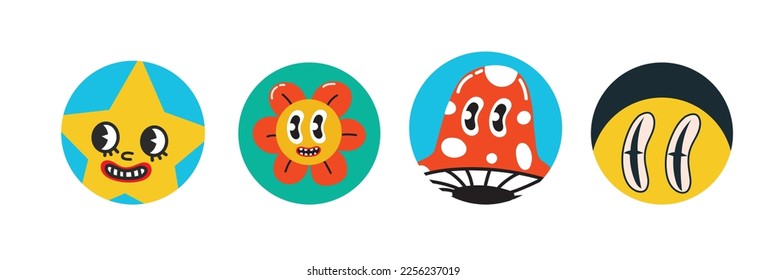 Set of Vector highlight covers. Collection of elements in trendy retro cartoon style. Hand drawn templates. Round icons for social media stories. Perfect for bloggers