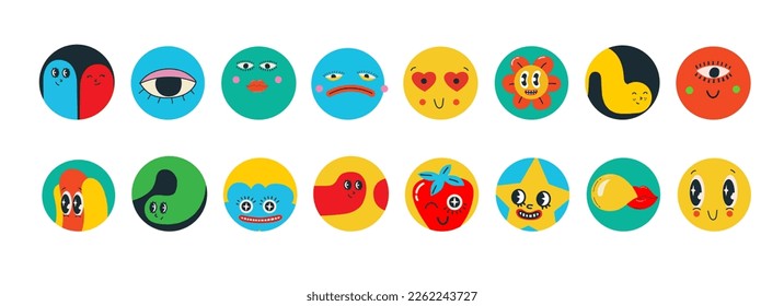 Set of Vector highlight covers. Collection of elements in trendy retro cartoon style. Hand drawn templates. Round icons for social media stories. Perfect for bloggers