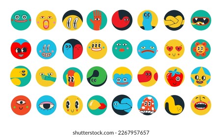 Set of Vector highlight covers. Collection of elements in trendy retro cartoon style. Hand drawn templates. Round icons for social media stories. Perfect for bloggers