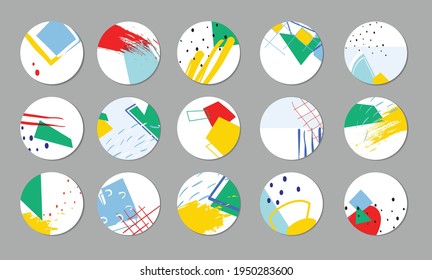 Set of vector highlight covers. Geometric abstract backgrounds. Various shapes, lines, spots, dots, brush strokes. Round icons for social media stories. Beautiful and bright design for bloggers