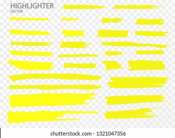 Set Vector highlighter. Hand drawn yellow highlight marker stripes. Vector illustration EPS10