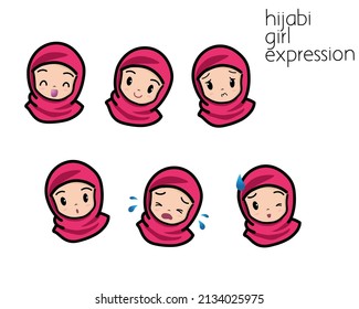 Conjunto vector de la expresión de una niña hiyabí, vector colorido aislado en fondo blanco, linda niña hiyabi para diseño, tarjeta, pegatina, emoticono y varios propósitos. Juego de vectores de niñas hiyabi musulmanas. 