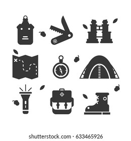 Set of vector hiking and camping equipment symbols and icons: map, flashlight, compass, knife, flask, boots and tent. Vector flat illustration on white background.