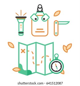 Set of vector hiking and camping equipment symbols and icons: map, flashlight, compass, knife and flask. Vector flat illustration on white background.