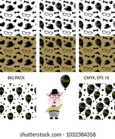 Set of Vector Hipster Black Seamless Pattern with Cartoon character - pig-hipster with ballon "Sale".