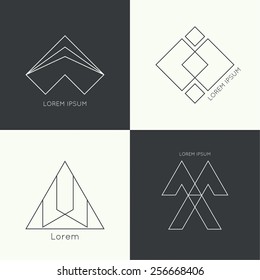 Set of vector hipster logo, badge, monogram, banner, insignias. Border and frame.  