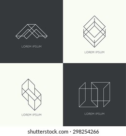 Set of vector hipster logo, badge, monogram, banner, insignias. Border and frame. 