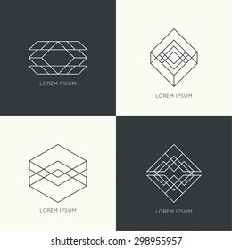 Set of vector hipster logo, badge, monogram, banner, insignias. Border and frame. 