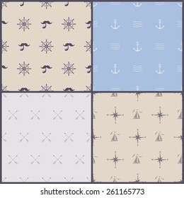 Set of vector hipster seamless patterns with marine symbols. Anchor mustache, boat, Seagull, bolt, tube, compass