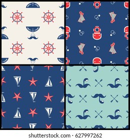 Set of vector hipster seamless patterns with marine symbols