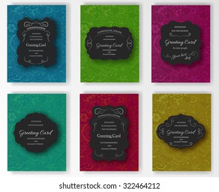 Ensemble d'images vectorielles hipsters, carte de voeux rétro décorative, carte postale, emballage ou création d'invitation. Concept abstrait d'illustration d'arrière-plan d'art de beauté orné d'objets. Texte d'invitation typographique