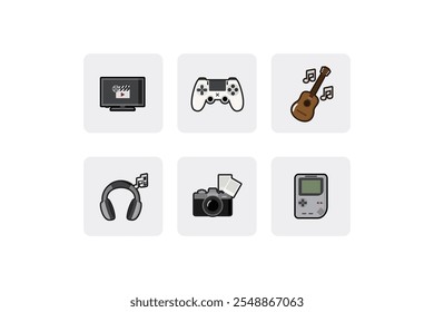 Conjunto de iconos de hobby de Vector - Viendo películas, Jugar juegos, Fotógrafo, Jugar consola, Escuchar música, Reproducir música