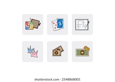 Set of Vector Hobby Icons Pack - Board Game, Card Game, Origami, Crossword Puzzle, Collecting Stamp, Collecting Money