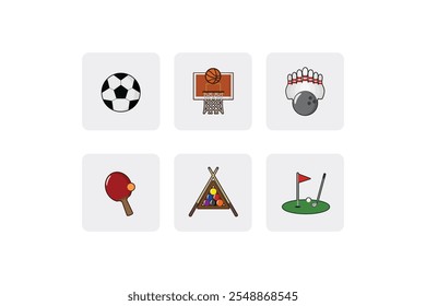 Set of Vector Hobby Icons Pack - Football, Basketball, Bowling, Ping pong, Billiard, Golf