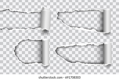 Conjunto de furos vetoriais rasgados em papel com bordas enroladas isoladas em fundo transparente