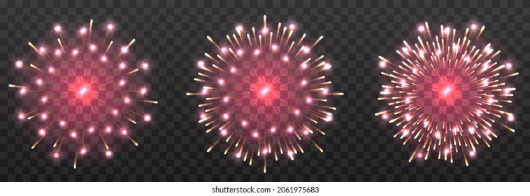 Set of vector holiday fireworks on isolated transparent background. Fireworks png, fireworks of different colors, salute, explosion png, holiday.