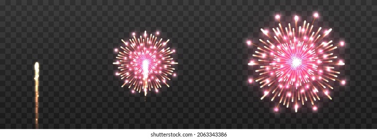 Set Of Vector Holiday Fireworks On Isolated Transparent Background. Fireworks Png, Fireworks Of Different Colors, Salute, Explosion Png, Holiday.