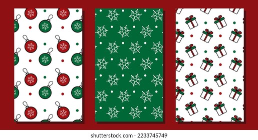 Set of vector holiday patterns with snowflakes, gifts, Christmas balls