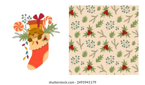 Set of vector holiday print and seamless pattern. Christmas set with cute cat the stocking and holly branches and sweets.