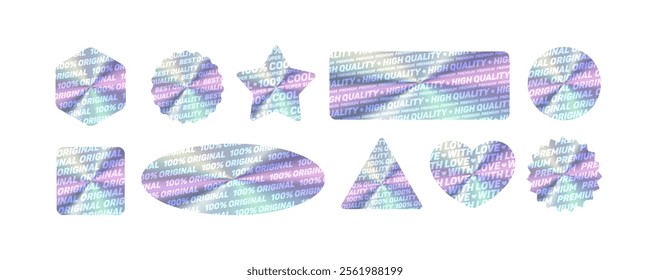 Set of vector holograms labels and stickers of geometric shapes: 100% quality, original, high quality, best and super