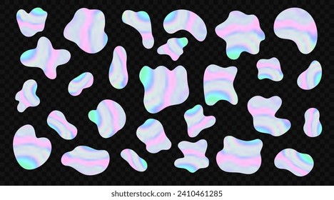 Set of vector holographic blob amoeba icons. Colorful irregular blob shapes on black background