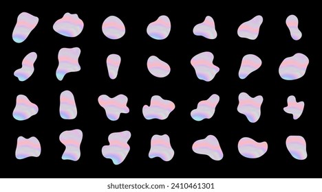 Satz von Vektorholografischen Freeformen. Designelemente. Abstrakte Formen des abstrakten SilberFarbverlaufs auf schwarzem Hintergrund