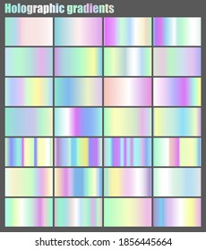 Conjunto de gradientes holográficos vectoriales. Colección de suaves y suaves fondos en color pastel para dispositivos, pantalla de pc y smartphone moderno, banner publicitario.