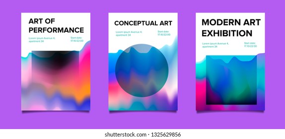 Set of vector holographic posters for music or art event. Collection of glitched multicolored backgrounds.