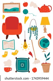 Set of vector home items, vector house home icons. Cosy home items, book, armchair, lamp, growing, furniture, carpet, pillow. House vector illustration, home illustration, indoor plant, furniture